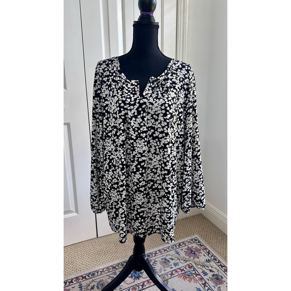 Talbots Floral Pullover Tunic Top Size 2X Black White Split Neck Blouse